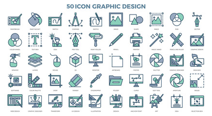 Set of vector icons illustrating various aspects of digital design, including software development, color palettes, web design, and graphic design. Perfect for use in presentations, websites, and mark