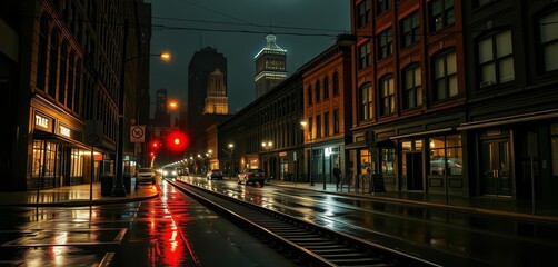 Obraz premium Dark, rain-slicked Chicago street at night Elevated CTA tracks loom over vintage industrial buildings, factory, atmosphere