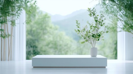 Modern, minimalist, serene space with lush greenery and mountain view.  A simple white platform sits before a large window