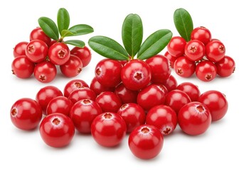 Pile of fresh cranberries with green leaves on a white background