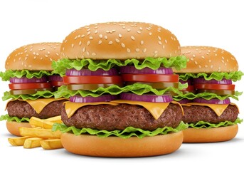Three cheeseburgers with fries on a white background, close up