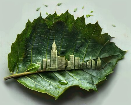 A vibrant green leaf with an intricate city skyline carved into its surface conveying the fusion of nature and urban life with a fresh and innovative feel