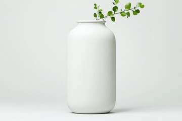Modern, minimalist vase with fresh greenery.  A simple, clean-lined, off-white cylinder vase holds a sprig of vibrant, fresh leaves against a plain white backdrop.  The focus is on the smooth,