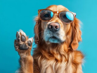 Golden retriever in sunglasses, digitally posed paw snapping fingers, isolated cyan background