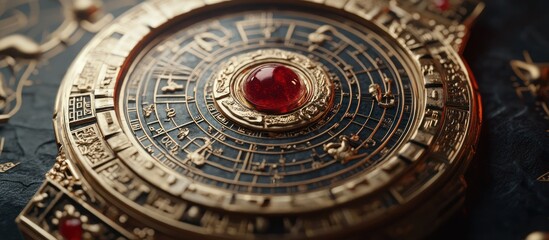 Obraz premium Ornate astrolabe, close-up detail, dark background; mystical, esoteric concept