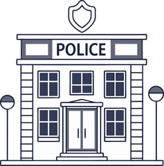 Line-drawn police station in blue and gray. Minimalist law enforcement building with shield and lamps. Simple symmetrical police headquarters sketch.