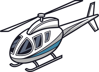 Streamlined helicopter with blue accents vector. Three-quarter view helicopter illustration. Monochromatic helicopter with black outlines.