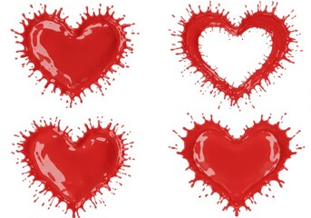 Four red paint hearts with splash effect on a white background