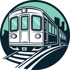 Retro teal train in circular vector illustration. Vintage train with city silhouette background. Geometric urban train graphic design.