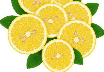 Obraz premium Lemon slices with green leaves on a white background, close up view