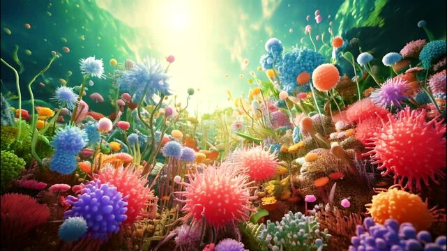3D Animation of Colorful and Diverse Intestinal Bacteria Forming Gut Flora. Concept of Microbiome.