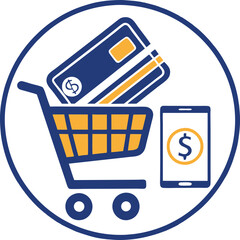 Circular online shopping digital illustration. Shopping cart with credit card and smartphone. Blue and yellow e-commerce concept.