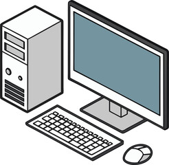 Fototapeta premium Isometric desktop computer setup illustration. Modern PC monitor and keyboard. Minimalist workstation digital design.
