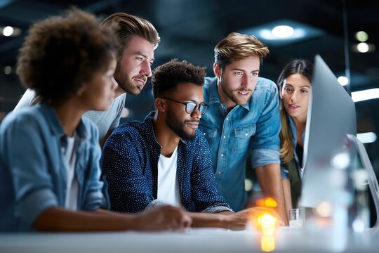Focused team of people collaboratively working late at night.