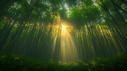 Sun Rays Shining Through Tall Trees in a Forest Grove