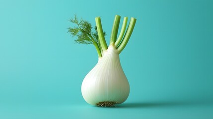 Fresh Fennel Bulb with Green Stems on Bright Turquoise Background