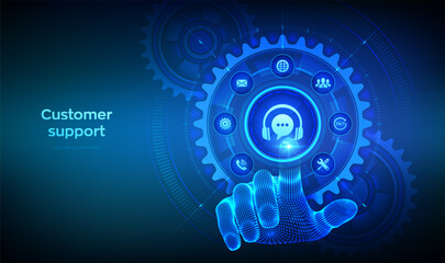 Customer support service technology concept. Technical support, customer service, tech support assistance. Hand touching digital interface with connected gears cogs and icons. Vector illustration.