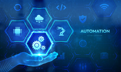 Robotic Process Automation software icon in wireframe hand. RPA. IOT and Automation concept as an innovation, improving productivity in technology and business processes. Smart industry. Vector.