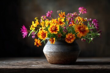 Vibrant flower arrangement in rustic pottery.
