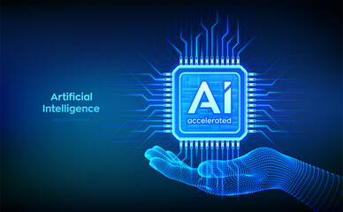 AI chip with the inscription AI Accelerated in wireframe hand. CPU microchip. Concept of artificial intelligence technology. AI accelerated processor chip. Machine learning. Vector illustration.