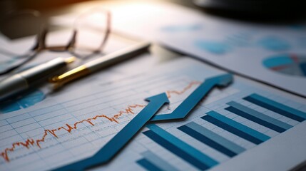 Business documents displaying upward trend graphs.