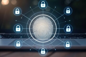 Digital fingerprint authentication and security locks depicted over a laptop, symbolizing cybersecurity and data protection.