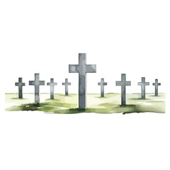 row of white crosses in_a_military cute watercolors illustration on white background