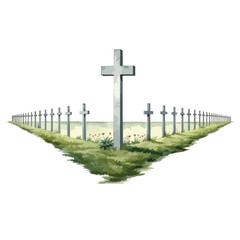 row of white crosses in_a_military cute watercolors illustration on white background