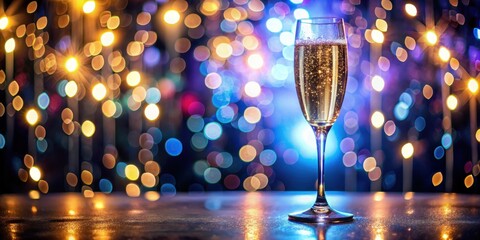 Elegant glass filled with bubbly champagne sits on a sleek sparkling table in a vibrant nightclub setting amidst glittering lights and decorations, glamorous atmosphere, sparkling table