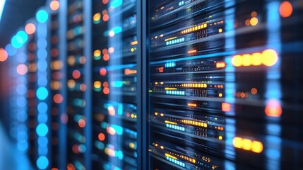 Modern server room with colorful LED lights and data center equipment, ideal for technology, cloud computing, network security, and IT infrastructure concepts