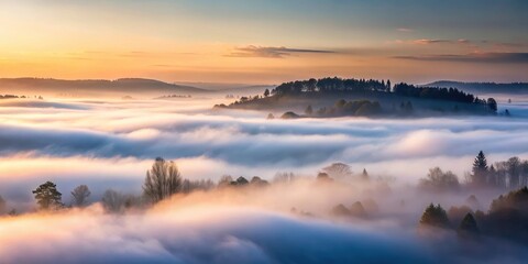 Fototapeta premium Dense white fog slowly rolling across a dark and foreboding landscape at dawn