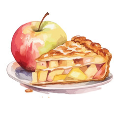 slice of pumpkin pie with whipped cream  cute watercolors illustration on white background