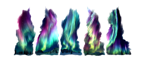 Northern lights in bright colors appear as abstract pillars isolated on a transparent background for creative website banner use.