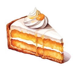 slice of pumpkin pie with whipped cream  cute watercolors illustration on white background