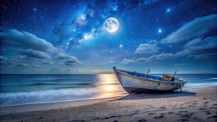 Boat washed ashore on a moonlit beach at night, beach at night, deserted beach, beach at night