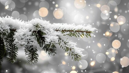close-up of evergreen tree branches covered with fresh snow against a softly blurred background with glowing light orbs evoking a peaceful winter atmosphere