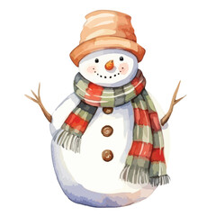 snowman with a scarf and hat cute watercolors illustration on white background
