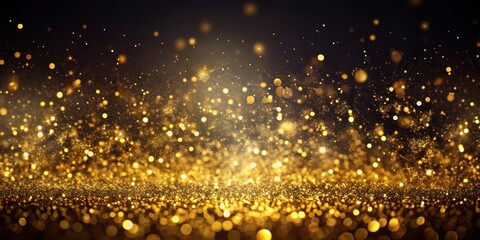 Detailed image of a dark background with golden glowing and small gold particles scattered on a black canvas, creating a sense of luxury and opulence, abstract, dark background