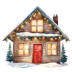 snowy cabin with Christmas lights cute watercolors illustration on white background