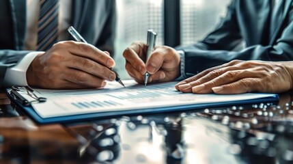 Two men in business attire collaboratively analyzing charts and graphs on a clipboard in a professional office setting conveying teamwork and focus