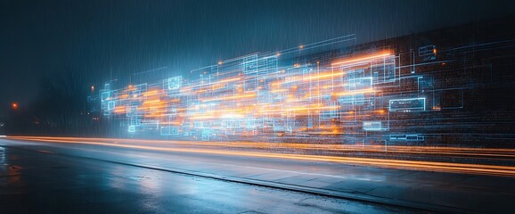 Futuristic night scene with data streams over a road. Orange and blue light trails, cybernetic concepts