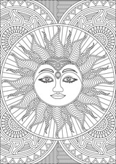 Naklejka premium Astrology Sun Mandala Art Adult Coloring Page Vector