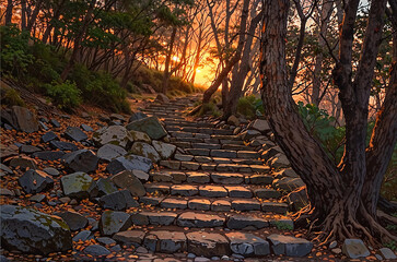 stone steps up hillside in park at late afternoon