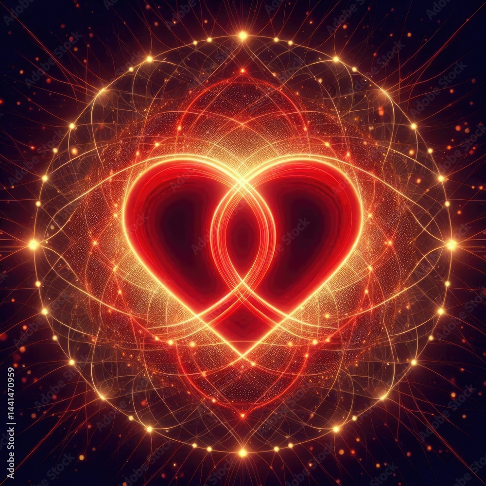 Poster two luminous red hearts intricately intertwined, surrounded by a soft, warm glow. the background fea