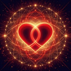 
Two luminous red hearts intricately intertwined, surrounded by a soft, warm glow. The background features a subtle pattern of interconnected circles, creating a sense of unity and eternity