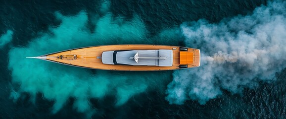 Aerial view of a wooden boat on turquoise water, generating steam or smoke