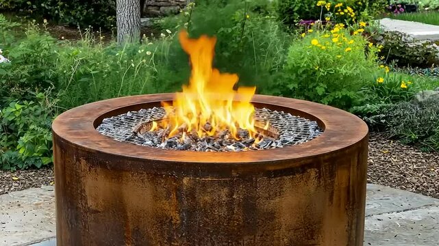 Outdoor Fire Pit with Fiery Flames Surrounded by Lush Garden Setting