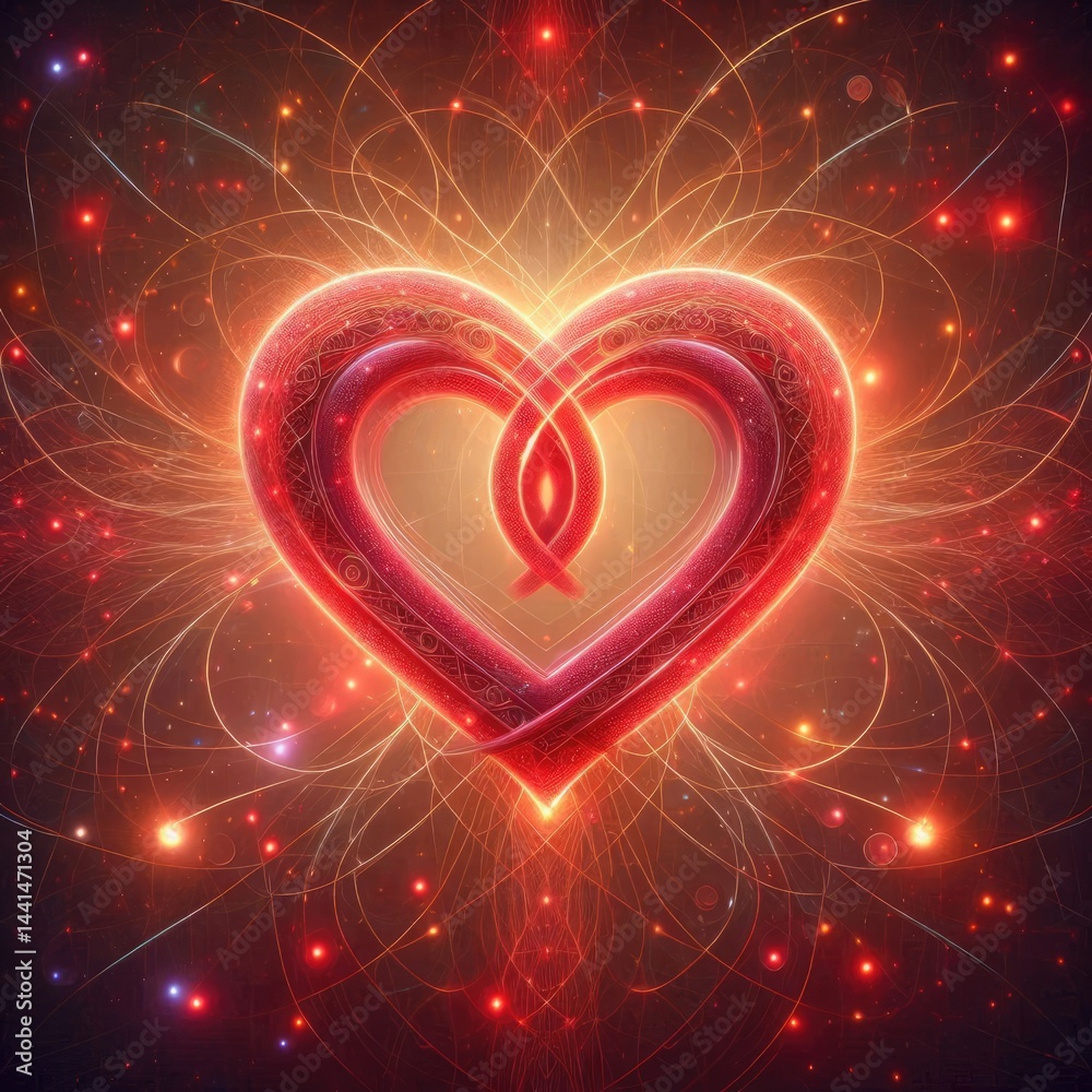Poster 
Two luminous red hearts intricately intertwined, surrounded by a soft, warm glow. The background features a subtle pattern of interconnected circles, creating a sense of unity and eternity