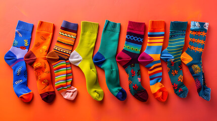 Colorful socks arranged neatly on a solid color background.