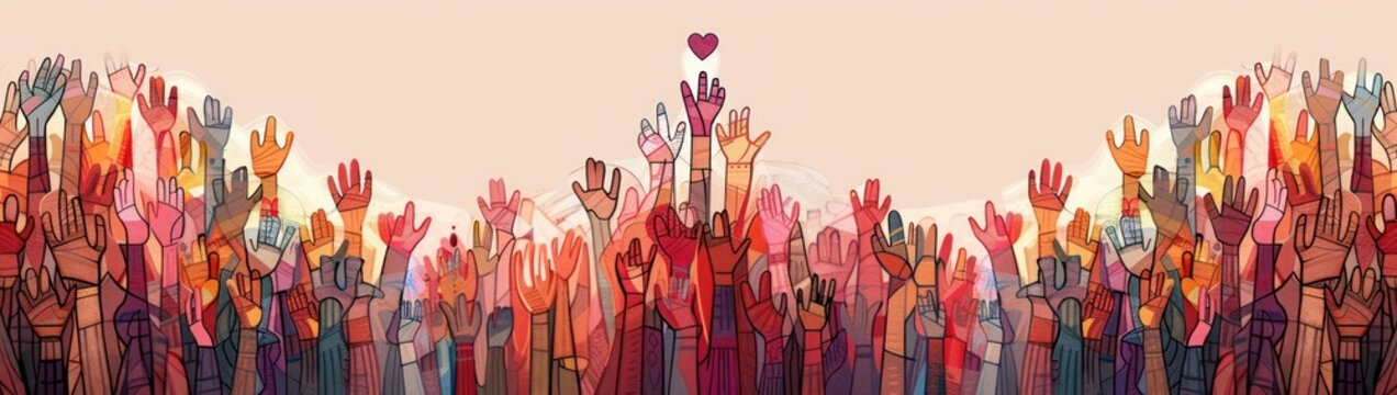 Colorful outlined hands reaching upwards together with one hand holding a small heart symbolizing unity and support against a soft gradient background